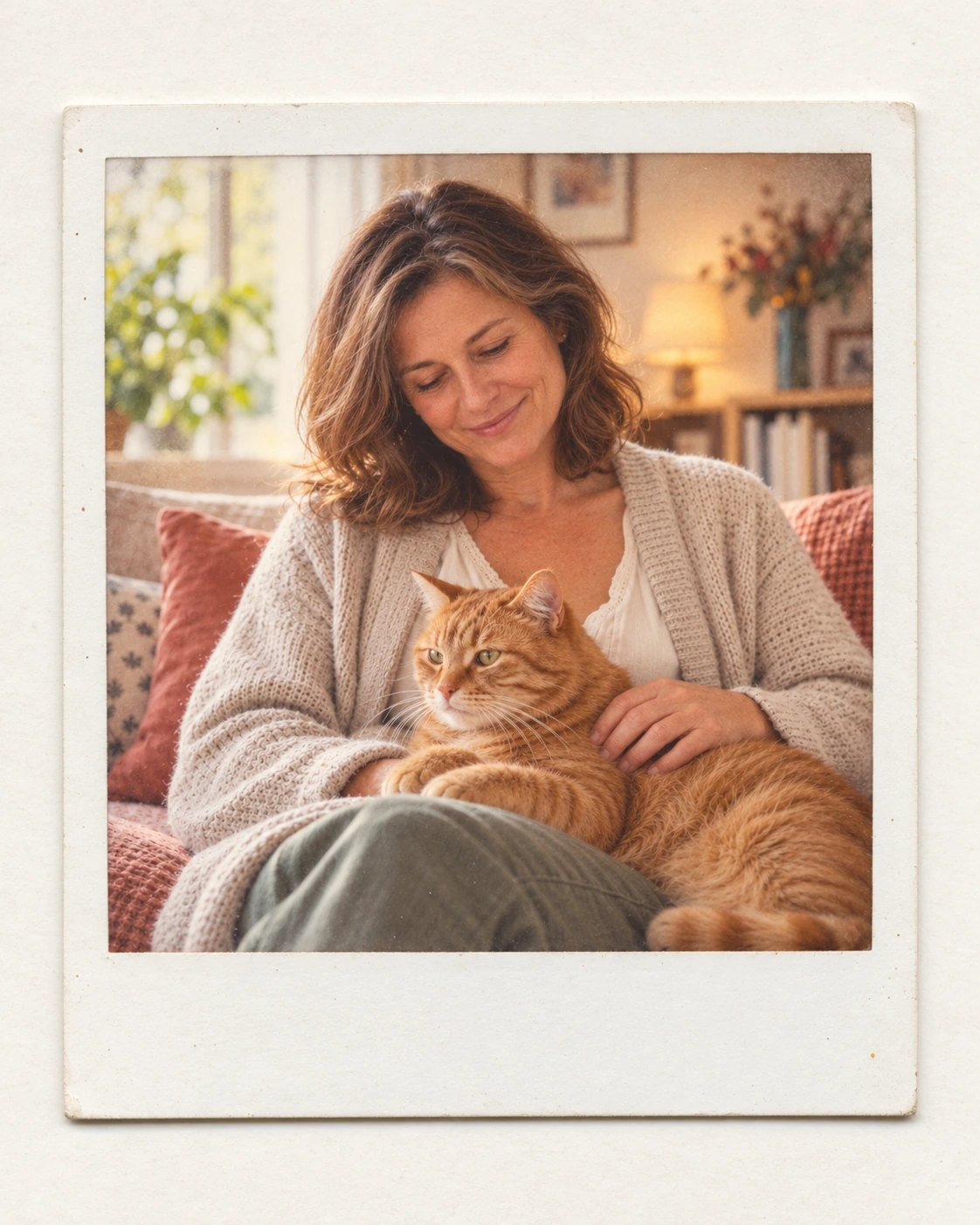 Portrait d’illustration de Chantal avec un chat roux, présenté comme un tirage Polaroid
