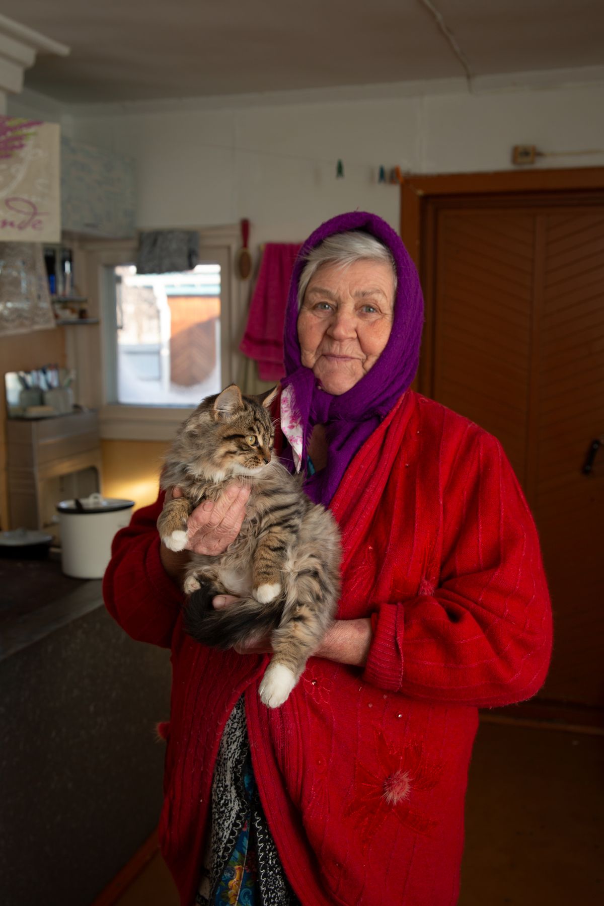 Une femme âgée tient tendrement un chat tigré