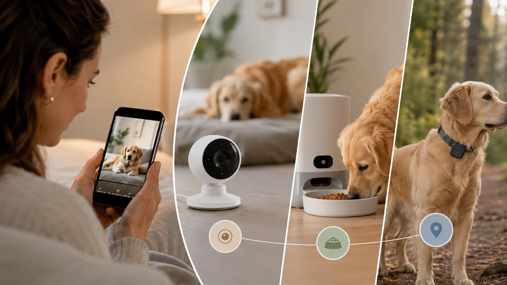 Illustration comparant caméra, distributeur et traceur pour animaux dans un usage responsable.