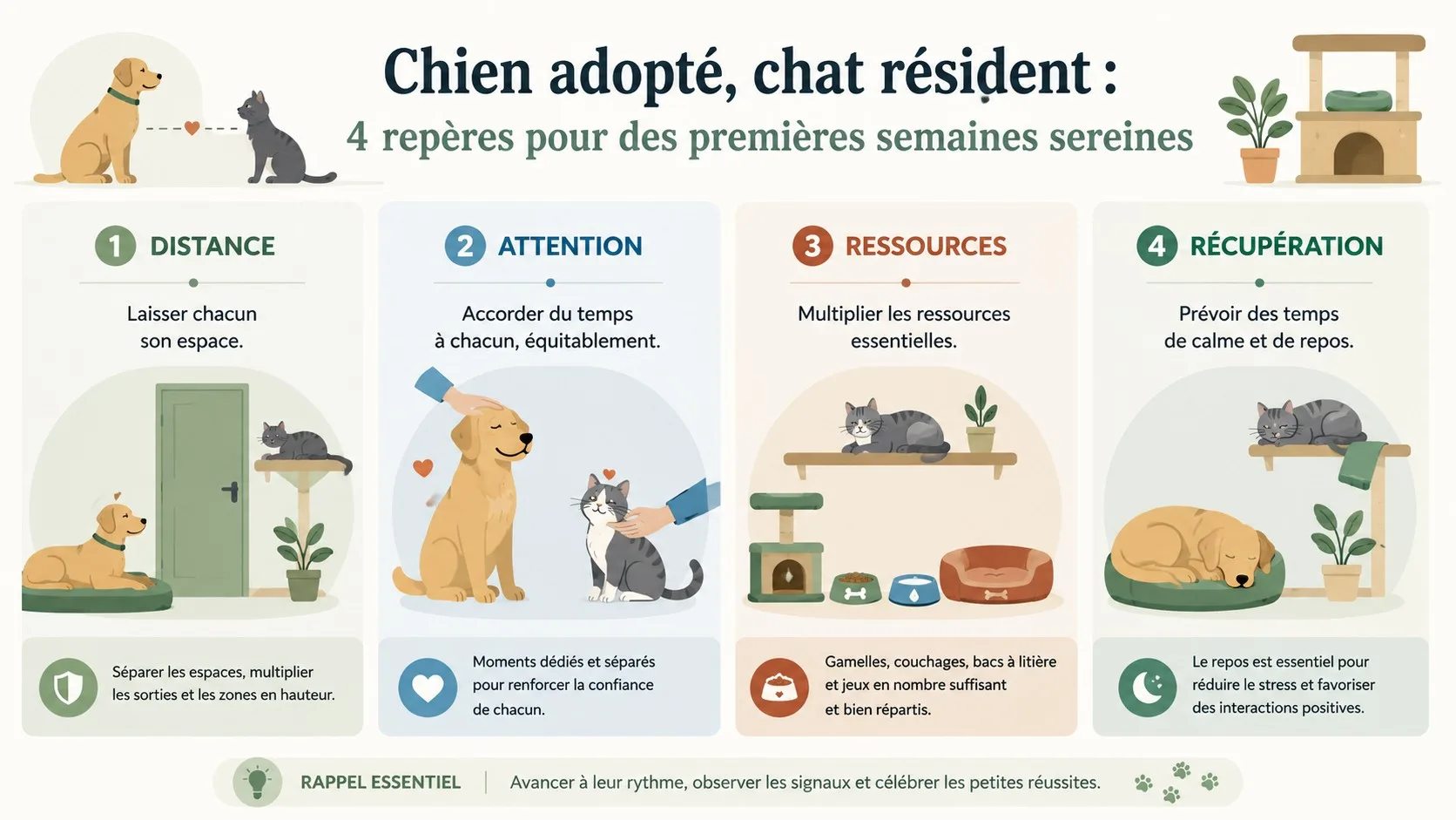 Infographie des quatre repères à observer entre un chien adopté et un chat résident.
