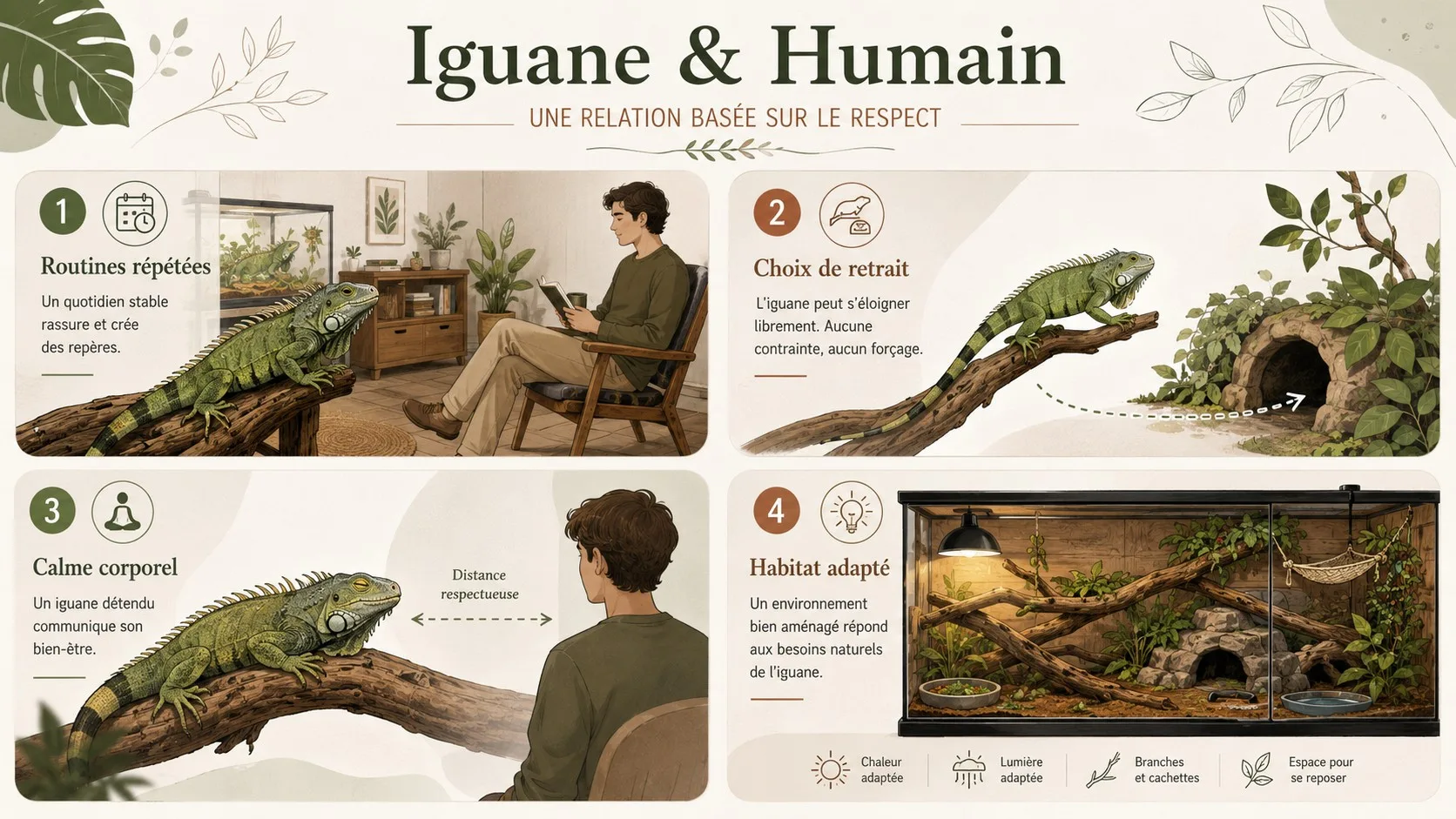 Infographie montrant quatre repères pour évaluer un lien entre un iguane et un humain.
