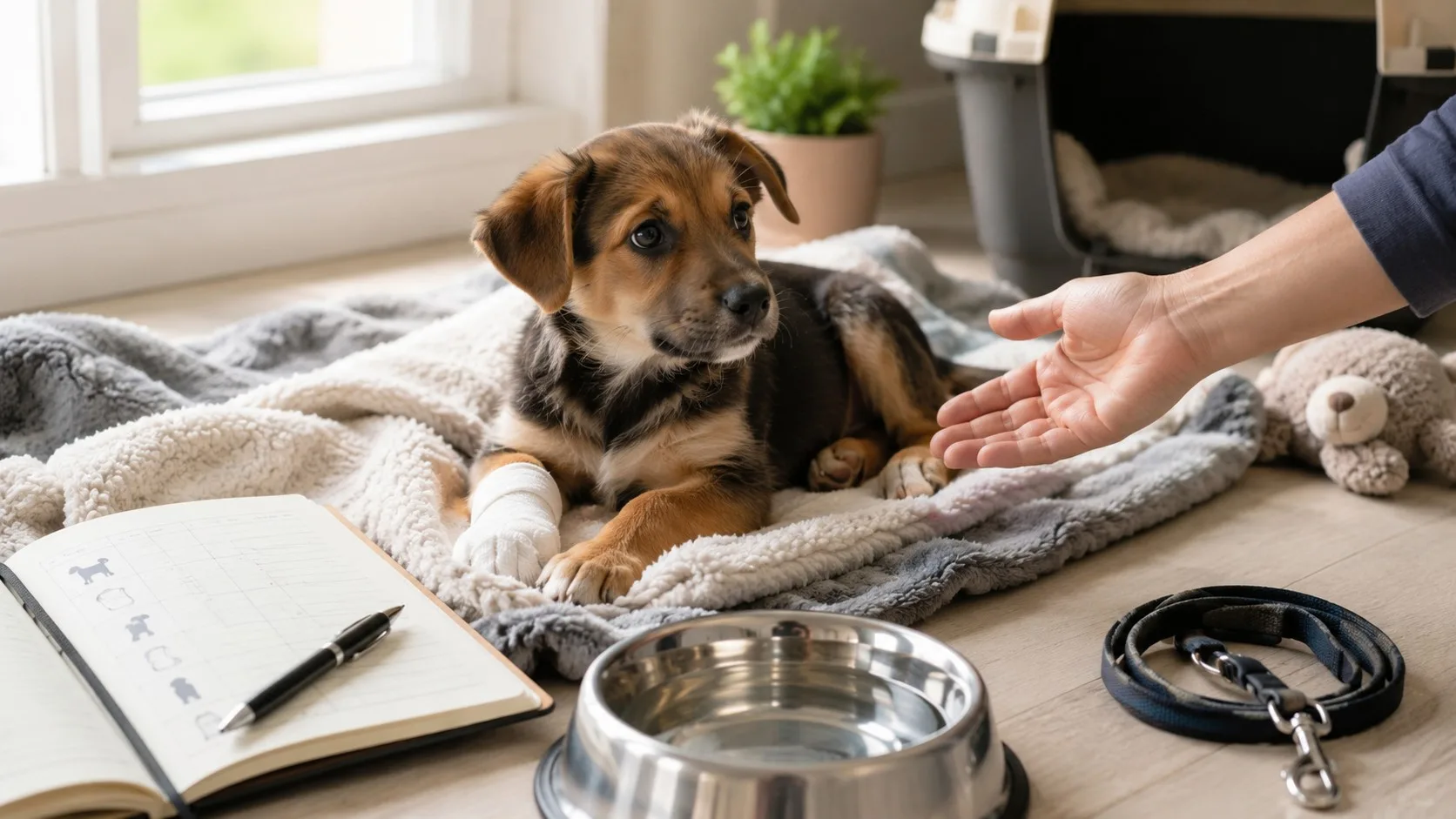 Scène de soins responsables autour d’un chiot avec carnet, eau et espace de repos.
