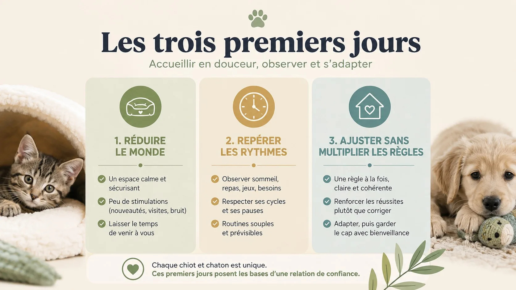 Infographie résumant les trois repères des premiers jours après l’adoption d’un chiot ou d’un chaton.