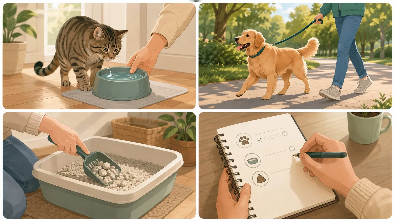 Infographie visuelle des gestes essentiels pour garder ponctuellement l’animal d’un proche.