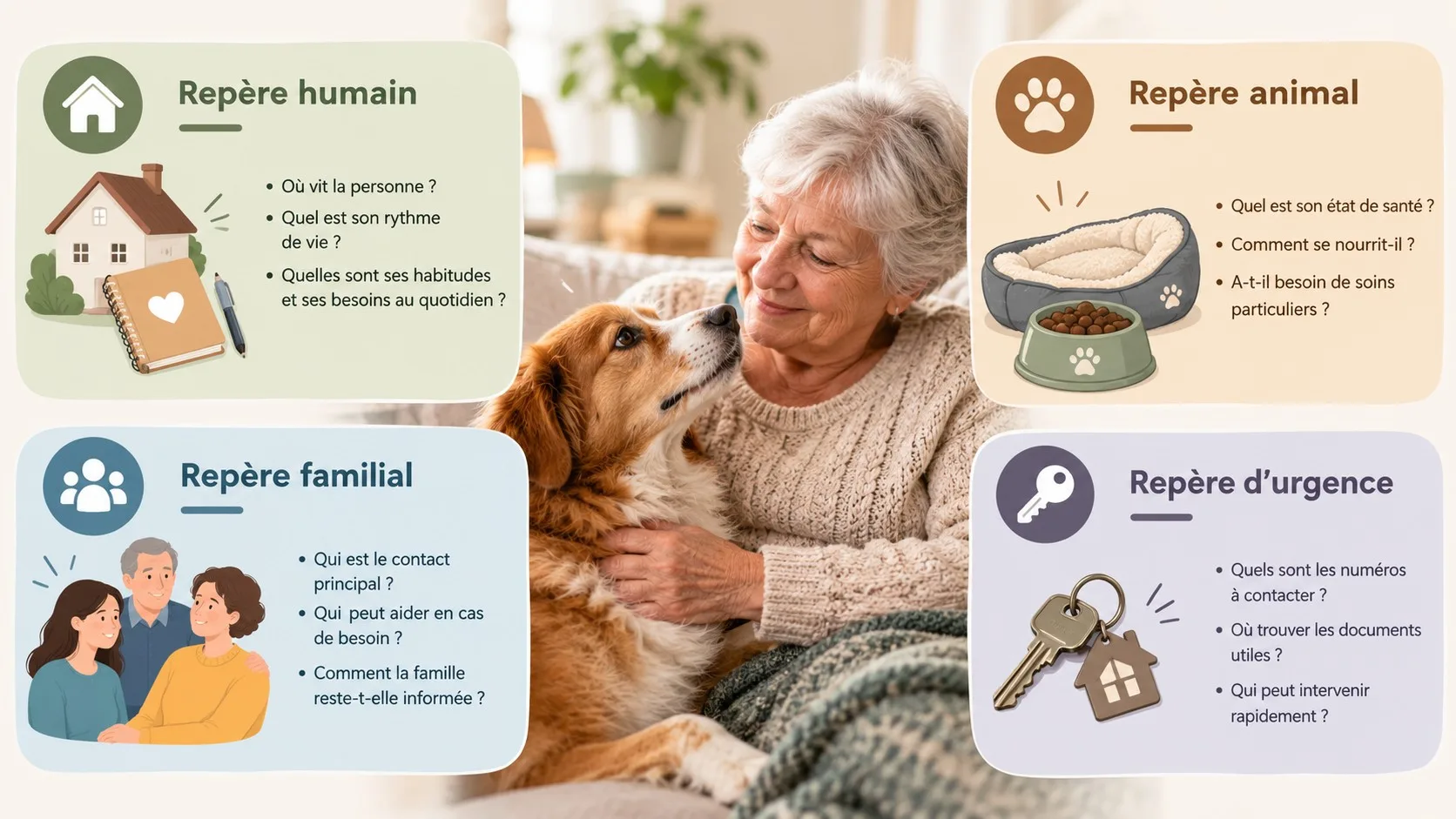 Infographie des quatre repères à vérifier quand un senior vit avec un animal.