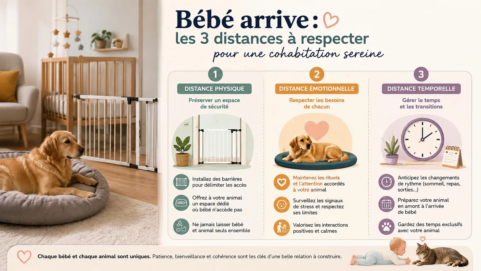 Infographie sur les trois distances à respecter entre un bébé et un animal de compagnie