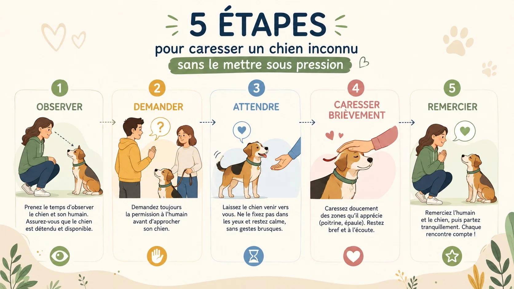 Infographie des cinq étapes à respecter avant de caresser un chien inconnu.