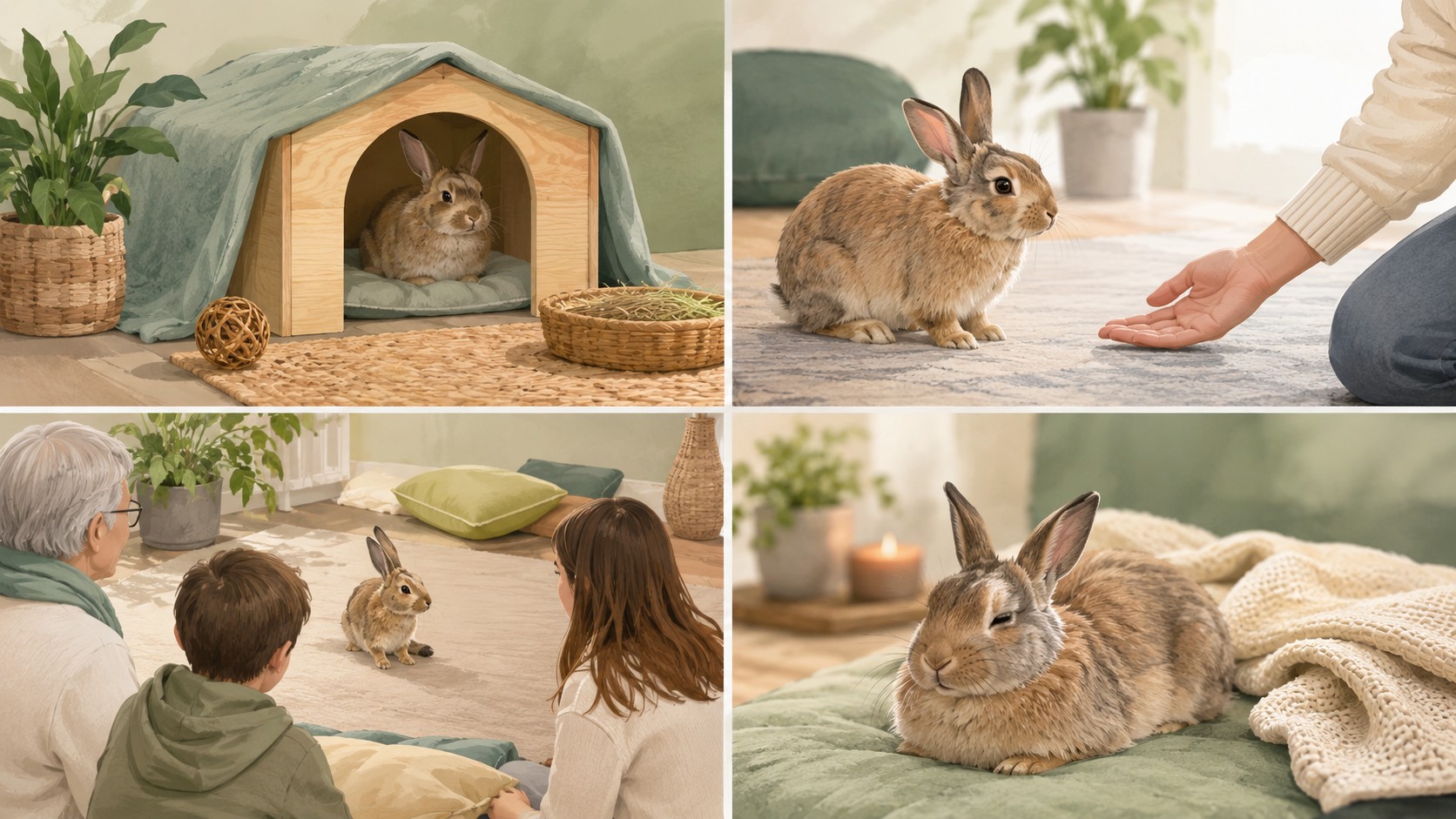 Repères visuels pour respecter le choix et les pauses d’un lapin pendant une séance de médiation.
