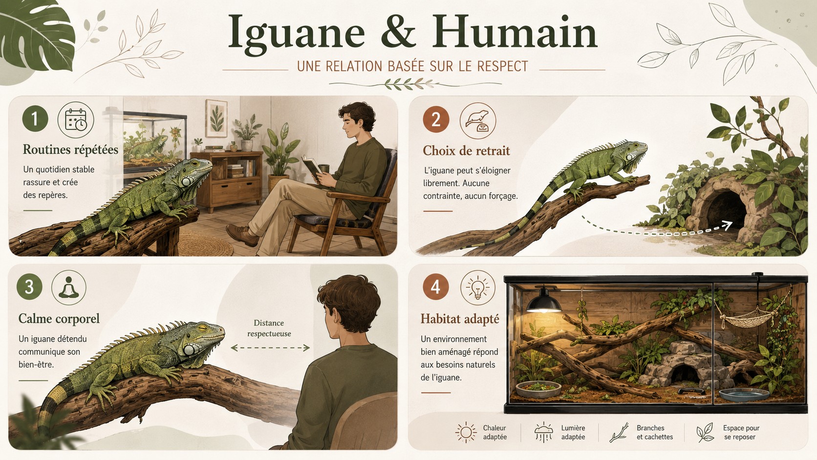 Infographie montrant quatre repères pour évaluer un lien entre un iguane et un humain.