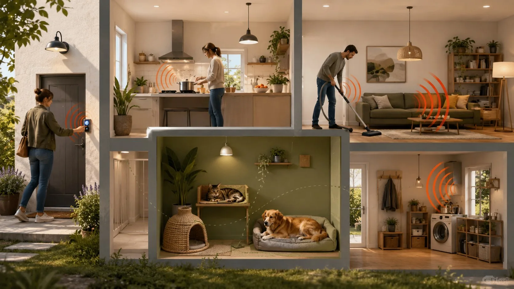 Illustration d’une maison avec des zones bruyantes et une pièce calme pour les animaux.