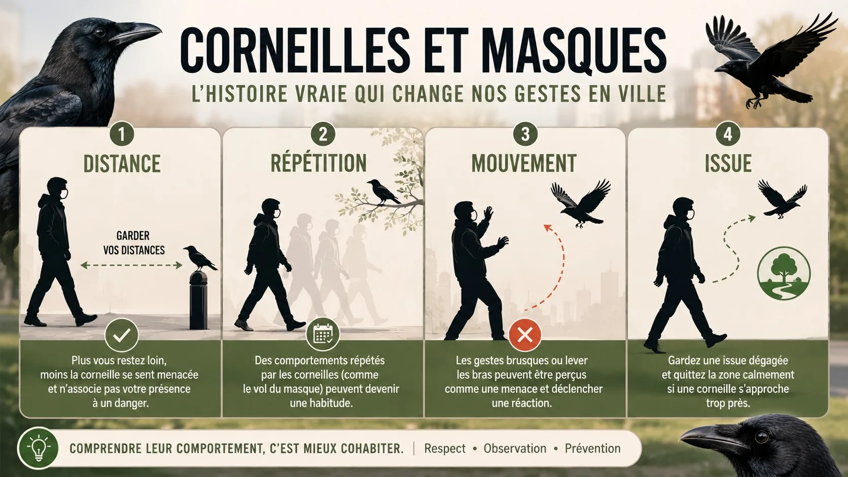 Infographie des quatre repères pour interpréter une réaction de corvidé en ville