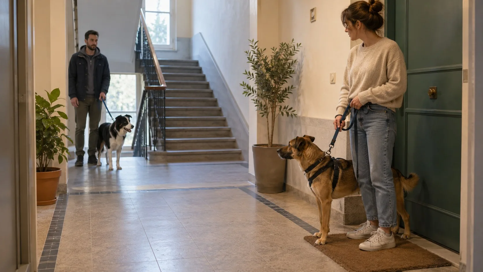 Deux voisins gardent leurs chiens à distance sur un palier d’immeuble pour éviter une rencontre forcée.