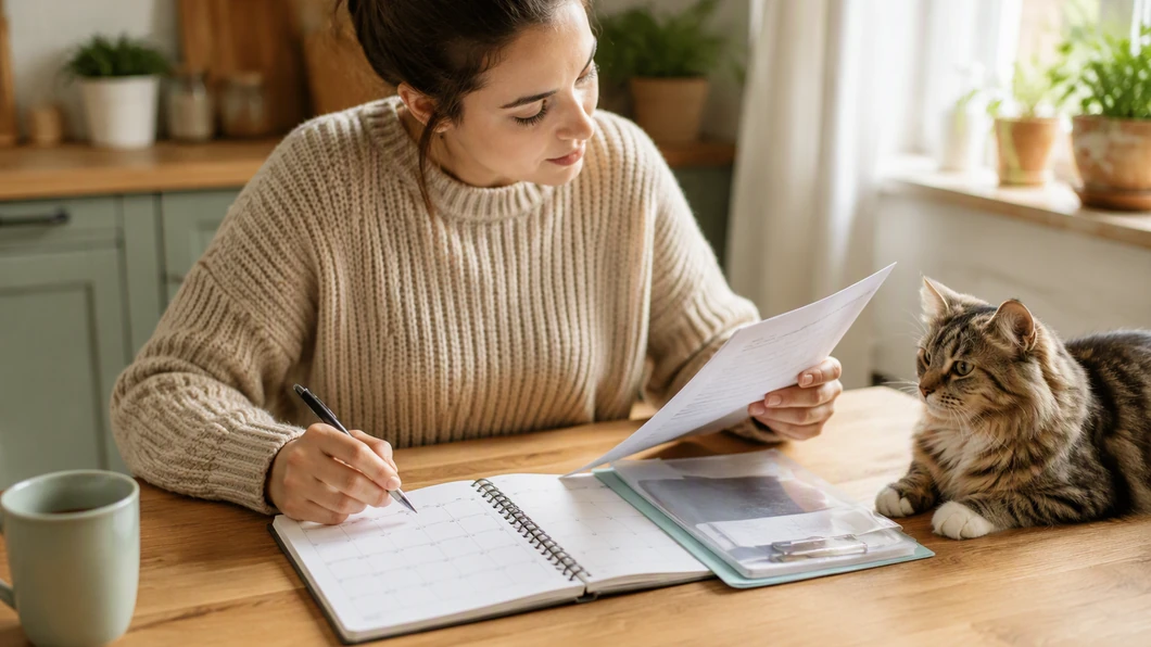 Une personne vérifie les documents de santé de son chat et organise les prochains rendez-vous.