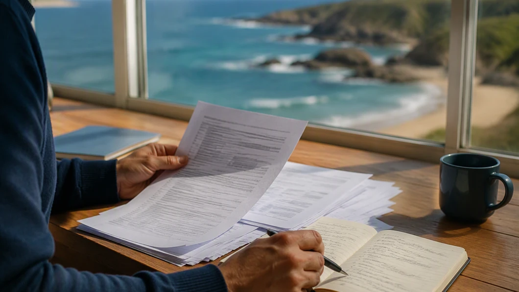 Une personne compare des notes et un carnet près d’une fenêtre donnant sur la mer.