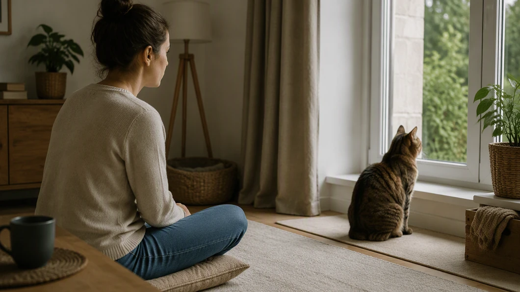 Personne qui observe calmement la réaction de son chat après l’avoir appelé