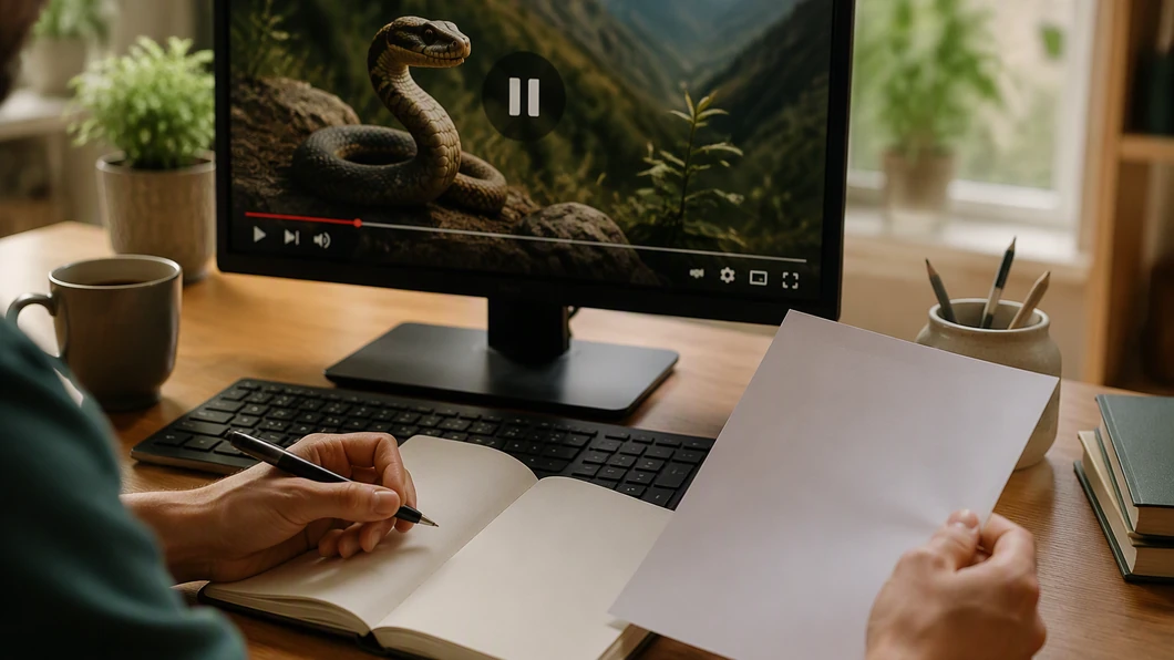 Une personne met en pause un documentaire animalier et consulte ses notes devant un écran montrant un serpent.