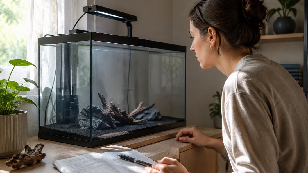 Une personne vérifie calmement un aquarium sans poissons avant leur arrivée.