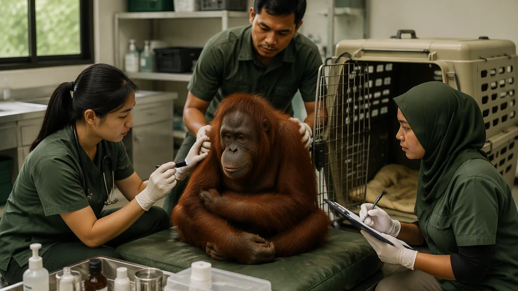 Une équipe de soins examine un orang-outan avant son transfert vers un centre de réhabilitation.